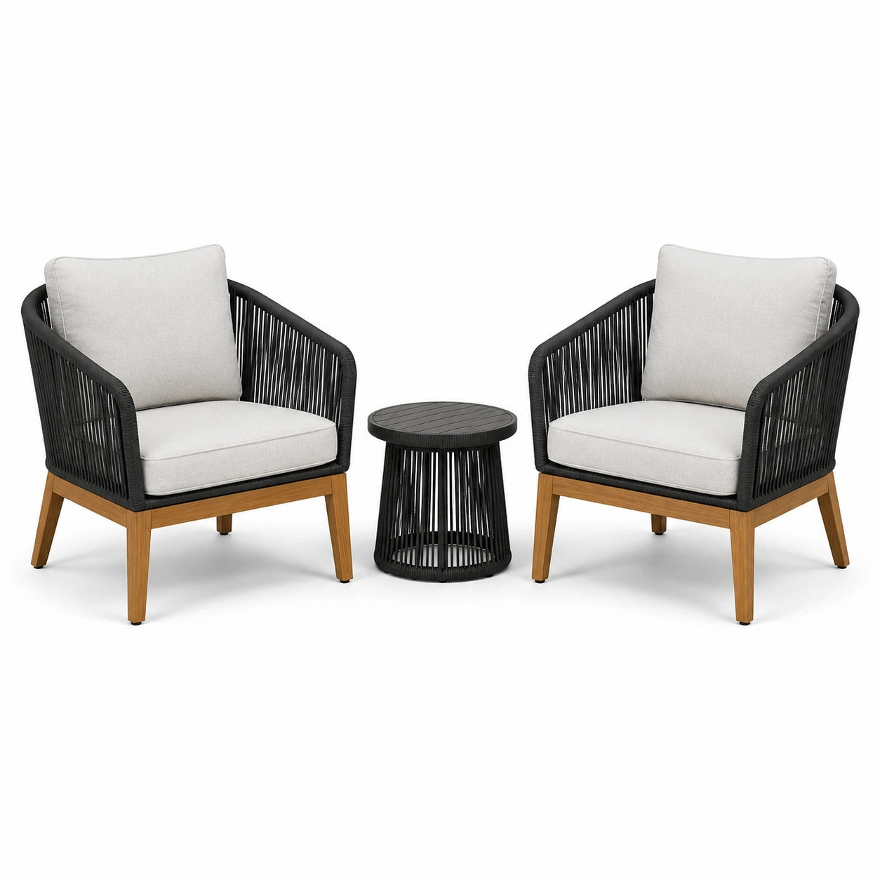 Set sedute da giardino in legno, corda e alluminio con cuscini grigi