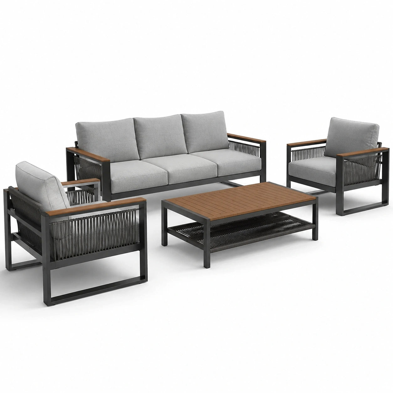 Set salotto da esterno in metallo e legno con cuscini grigi