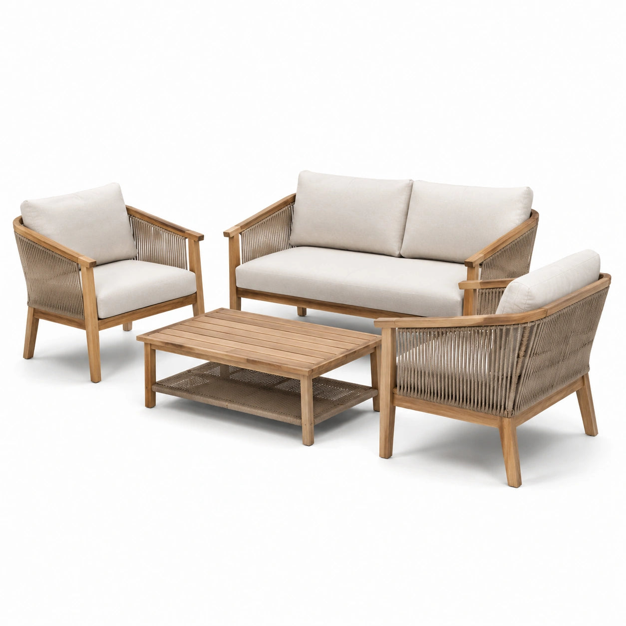 Set da giardino in legno teak e corde in poliestere