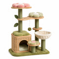 Albero Tiragraffi in Legno e Rattan con Piattaforme in Peluche Verde, Rosa e Beige