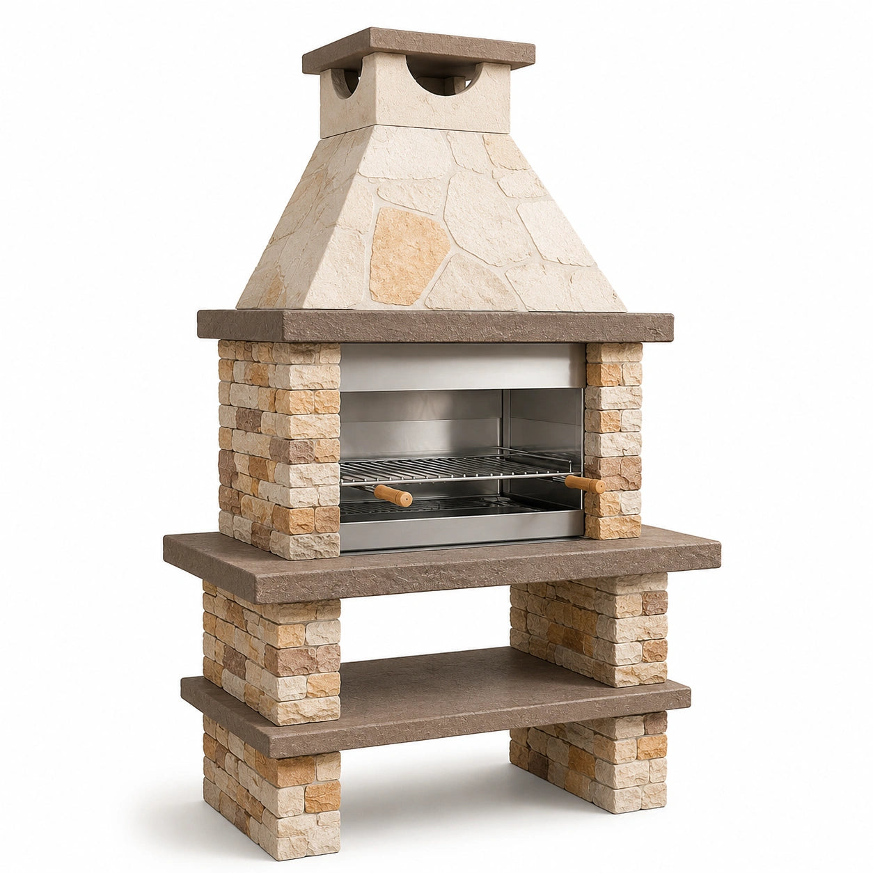 Barbecue in pietra refrattaria con griglia in acciaio inox, beige/marrone, 120x80x220 cm