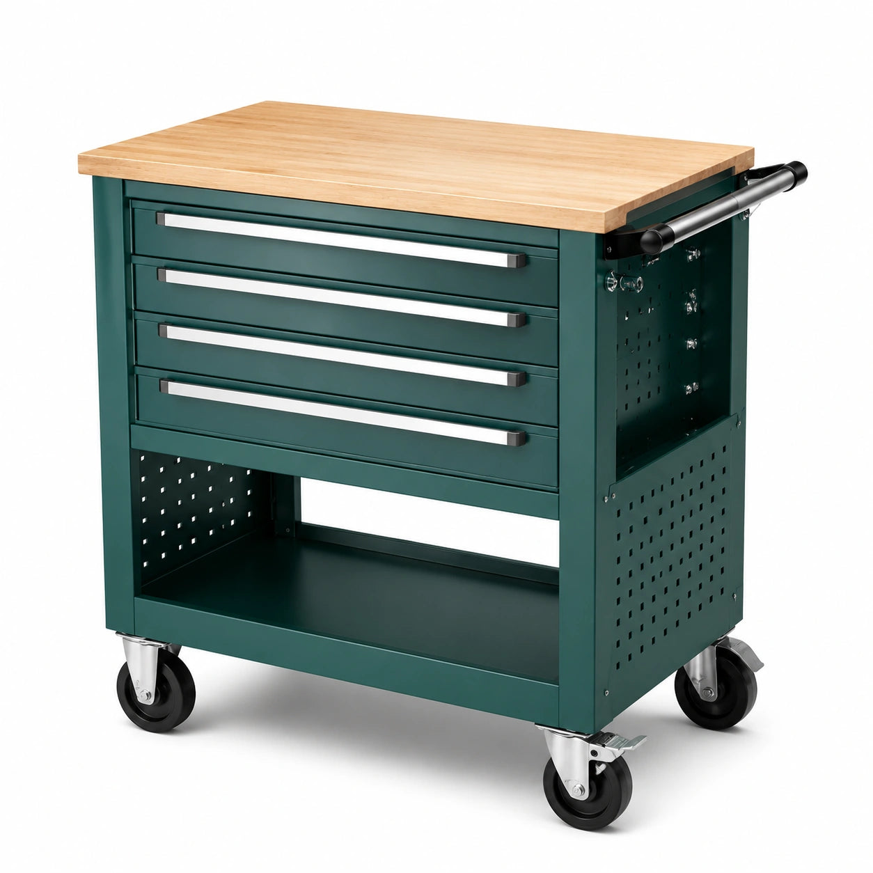 Carrello da officina in metallo con piano in legno e 4 cassetti