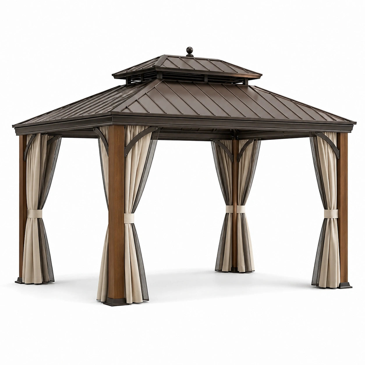 Gazebo in alluminio con tetto in acciaio e tendaggi in poliestere