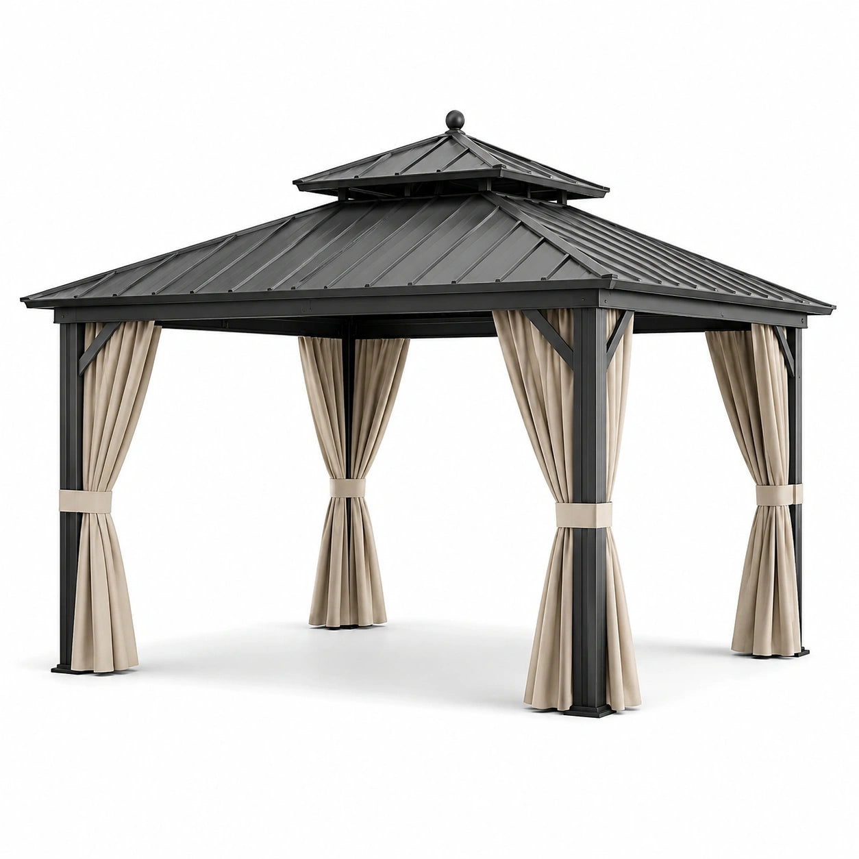 Gazebo in alluminio con tetto in lamiera e tende in poliestere beige